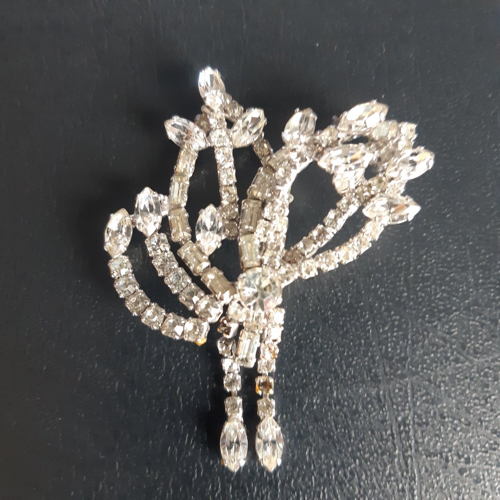 Vintage Clear Rhinestone Dangler Brooch Silver Tone